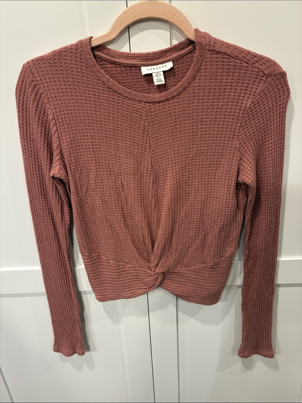 Topshop Mauve Twist-Waist Waffle Long-Sleeve Top